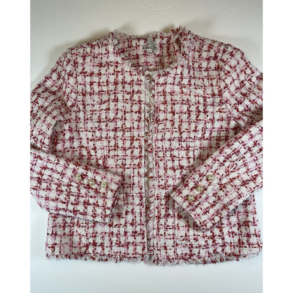 Nanette Lepore Women's Nora Boucle Jacket Sz Large Pink Red Tweed Pearl Buttons
